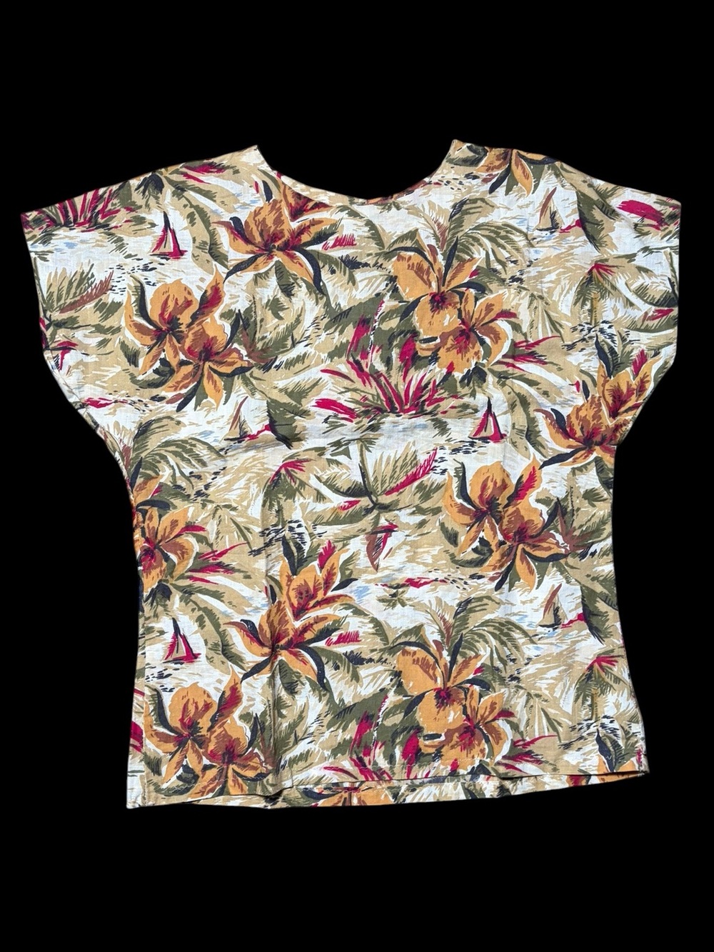 Vintage 70’s Handmade Tropical Short Sleeve Top - Beige & Green